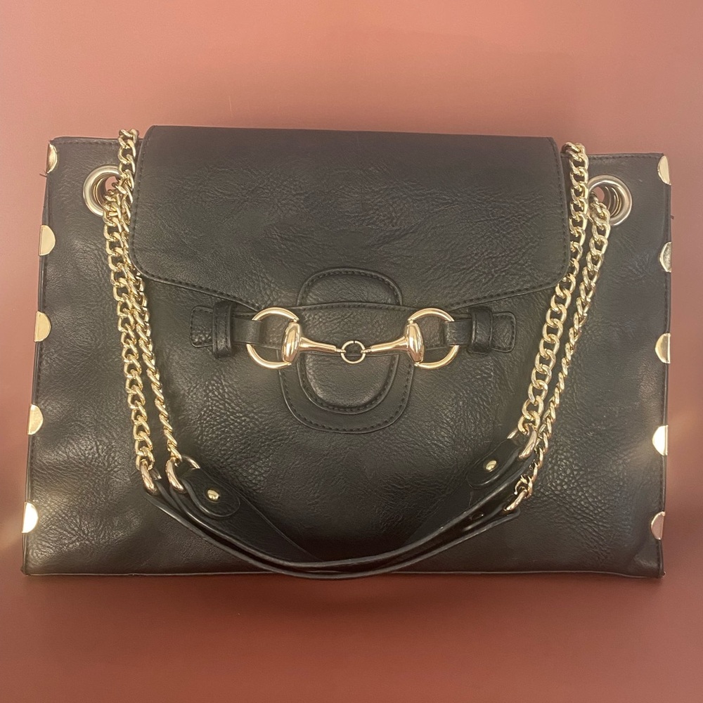 Chic Black Faux Leather Shoulder Bag with Gold Chain